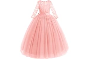 FYMNSI Robe Enfant Fille Ceremonie Anniversaire de Princesse d'honneur Mariage Bowknot Manches 3/4 Longue en Dentelle Robe Tutu Tulle de Soirée Bal Partie Formelle Carnaval 2-14 Ans