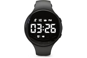 FOCWONY Montre de suivi d'activité LED sans Bluetooth, podomètre, compteur de pas, distance parcourue, calories, chronomètre, réveil, excellent cadeau pour enfants, adolescents, filles, Noël (rond, noir)