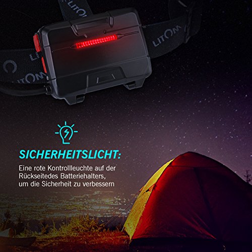 Litom Stirnlampe Taschenlampe mit weiß/rot LED Gestenkontrolle, IPX6 wasserdicht Kopflampe, Batterie betriebene LED Headlight für Laufen, Höhlenforschung, Joggen, Camping usw. - 6