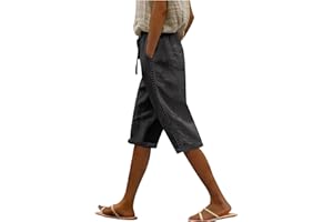 Keepink Women's Cotton Linen Shorts Elastic Waist Knee Length Summer Shorts Plus Size Casual Long Shorts Ladies Bermuda Shorts Solid Wide Leg Beach Vacation Shorts Trendy 2024