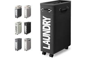 Rieeyrslza Sottile Cesto Della Biancheria con 4 Ruote 45L Cesto Portabiancheria Sporca con Rotelle Ceste per la Biancheria Pieghevole Multifunzione Cesto Portaoggetti (Nero o2)