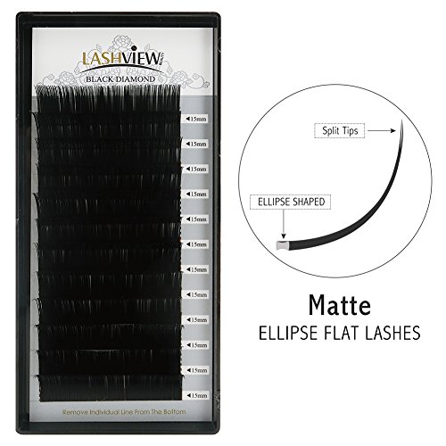 LASHVIEWEyelash Extensions, Black,Individual Lashes,0.15mm C Curl 15mm,Ellipse Flat Eyelash Extension,SUPER MATTE,Semi-permanent,Extremely Soft Application-friendly,Salon Use