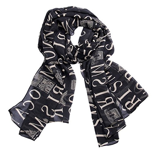 JewelryWe Lady Girl Womens Fashion Long Soft Wrap Shawl Pairs Letter Eiffel Tower Chiffon Scarf Scarves Stole (Black)