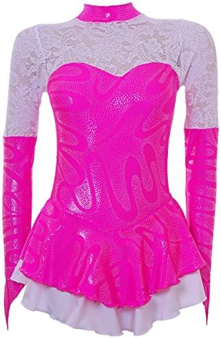 Wholesale Dance Long Sleeve Ice/Skating/Majorette Dress Shiny Flo Pink Hologram and White Stretch Lace (#S095a)