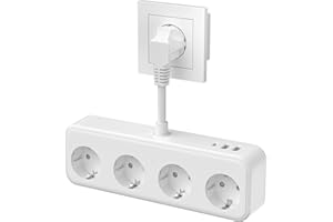 JEXPOWER Doppelstecker für Steckdose Mehrfachsteckdose ohne Kabel, Steckdosenleiste mit Schalter(240V/16A), 4 Fach Mehrfachsteckdose(Kabel 0,5M) mit 2 USB und 1USB-C(5V/3.1A), Steckdosenadapter für Bür - Weiß