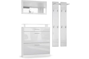 Vladon Garderobe Loret mini, Garderobenset bestehend aus 1 Schuhschrank, 1 Wandspiegel und 2 Garderobenpaneele, Weiß matt/Weiß Hochglanz
