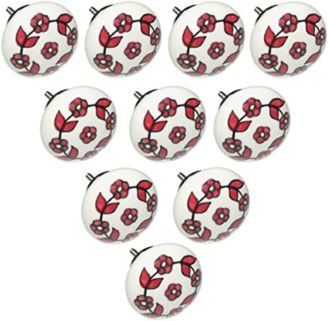Handmade Knobs Sale - Set of 10 White and Red Flower Ceramic Knobs Handmade Design Drawer Knob / Cabinet Pulls / Handles - Home Decor Accessories