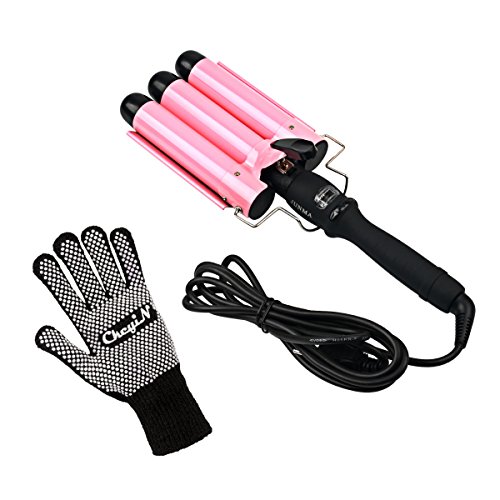 CkeyiN ® 32mm 3 Barrels Big Wave Ceramic Hair Curler Curling Iron Tongs LCD Display Temperature Adjustable Hair Styling Tool with Protective Glove