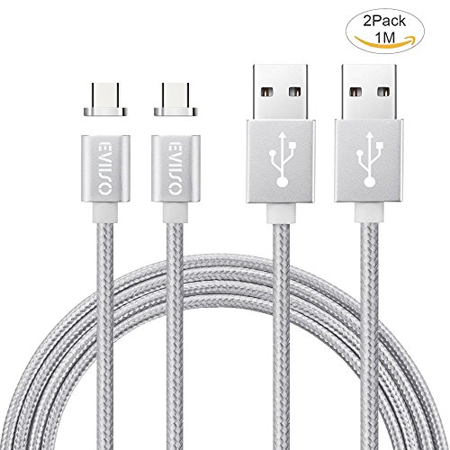 Magnetisches USB Type C kabel,-Lebenslange Garantieserie -EVIISO 1m Magnet PowerLine 2.4A Fast Charging USB C Kabel auf USB 3.0 A Ladekabel Datenkabel mit Nylongeflecht für Samsung Galaxy S8 S8 Plus,Huawei P9, P10,Nexus 5X/6P,OnePlus 3/3T und andere Type-C unterstützte Geräte (2 Pack Silber)