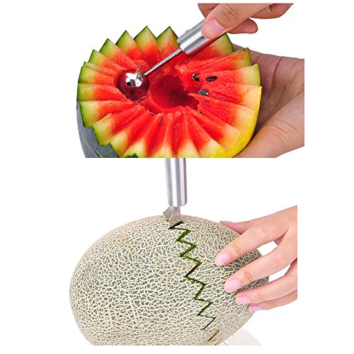 ilauke 7tlg. Edelstahl Wassermelonen Messer Gabel Obstmesser Melonenschneider Melonenmesser Entkerner Ausstecher Melonenausstecher - 4