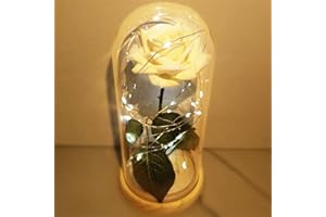 UNIQICON La Bella e La Bestia Rose Incantate, Rosa Eterna, Elegante Cupola di Vetro con Base Pino Luci LED, Romantico Kit di Rose per Il San Valentino Anniversario Matrimonio Regalo di Festa della Mamma