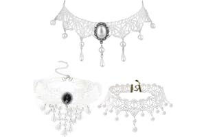 WJIAEER WJI Set di 3 Collane Girocollo,Collarino Donna,Choker Donna, Tatuaggio Gotico per mercoledì addams, Girocollo a Punta, a Maglia, Elasticizzato e Classico(Bianco)