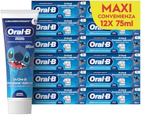Oral-B Dentifricio Pro Junior 12x75ml, Dentifricio per Bambini dai 6 Anni in su, Formato Convenienza Denti Forti, Prevenzione Carie, Sapore Delicato, Pulizia Denti Efficace