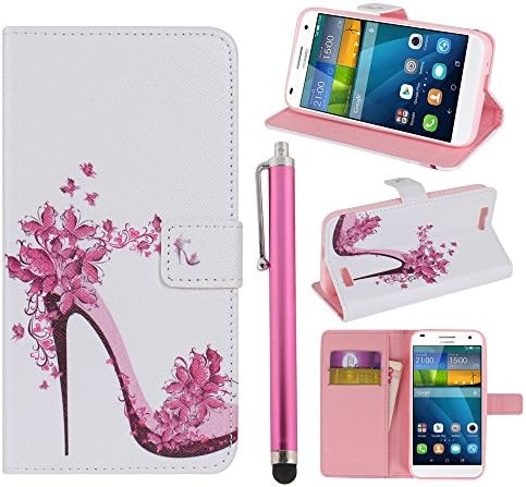 Hunye PU Leather Flip Case Lady's Shoe Flowers Butterflies Pattern Wallet for Huawei Ascend G7 Folio Case Stand Holder With Credit Card Slot Protective Cover with Stylus Pen pink