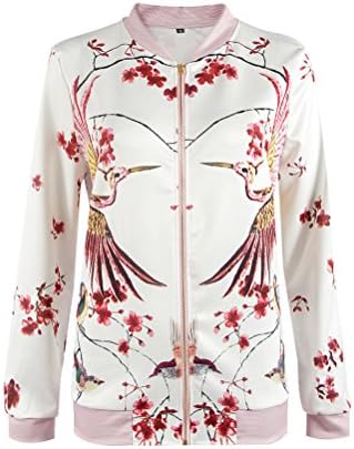 SunIfSnow Women Casual Zip Up Red Flower Birds Floral Print Bomber Jacket S