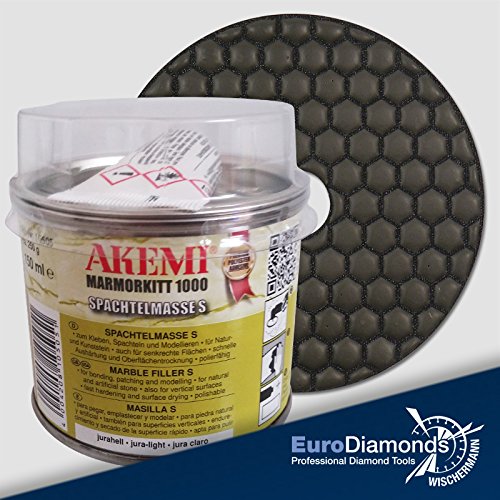 Natursteinpolitur : AKEMI Marmorkitt 1000 S, jurahell, 150 ml + Diamant Schleifpad 125 mm, Körnung Polierer, für Trockenschliff