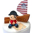4x Edible Pirate Cake Toppers Set - Handmade Icing Fondant Pirate Ship Bag Map Birthday Baby Showers Cupcake Decor Supplies Comes with an Edible Glue