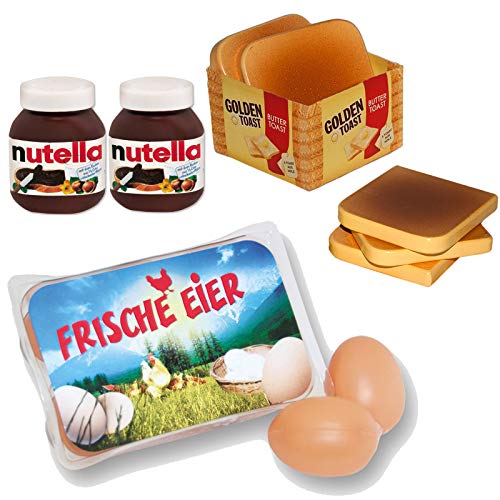 Preisvergleich Produktbild #11 Kaufladenzubehör Frühstücksset 2 Nutella-Flaschen, Golden Toast und Eier - Kaufladen Frühstück Nutella Kinderküche Kaufmannladen Zubehör