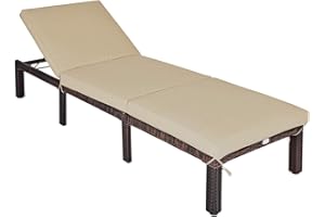 GIANTEX Sedia a Sdraio in Rattan con Cuscino, Con Schienale Regolabile In 6 Posizioni, Ideale per Giardino, Balcone, Spiaggia, 197 x 66 x 35 cm