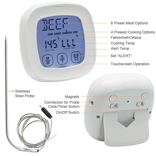 Zilong Bratenthermometer / Ofenthermometer / Grillthermometer / Digitales Thermometer mit Touchscreen Display, Temperaturfühler, Digital Zeitmesser voreingestelltes Thermometer, Perfekt zu Kochen, Grillen/BBQ, Backofen, Mikrowellenofen, Ideal für Geflügel, Steak, Fisch, Nahrungen usw - 7