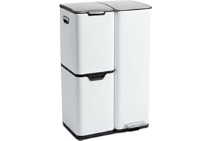 Bayt Mülleimer 3 Fächer - Abfalleimer - Edelstahl-Abfallbehälter - Treteimer für Mülltrennung - Mülleimer (Weiß)