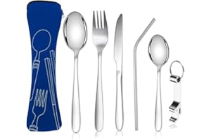 MNSCONKL 6-Stück Tragbares Campingbesteck Set,304 Edelstahl Bestecksets Essbesteck,Camping Besteck mit Gehören Messer,Gabel, Löffel,Flaschenöffner,Strohhalme Bestecktasche für Outdoor Reise Picknick Blau