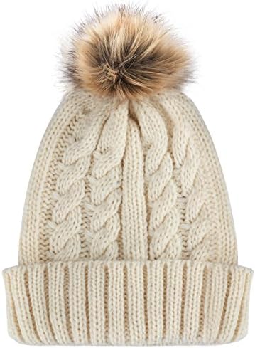 YEENOR Women Girls Winter Hat Knit Beanie Bobble Hat With Pompon Faux Fur Pom Pom For Ski Snowboard (Light Beige)