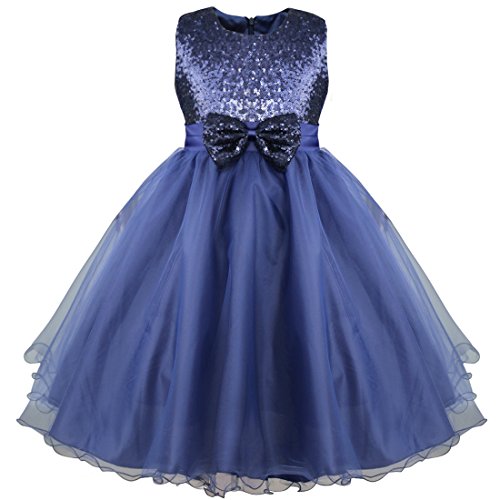 Robe bleu petite fille mariage avec paillettes et noeud