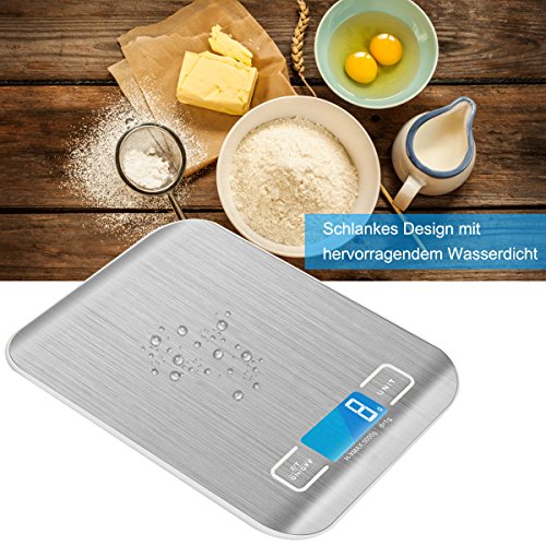 E2BUY® 5000g Digitale Küchenwaage, Lebensmittelwaage, Elektronische Kochen Lebensmittelwaage mit hoher Genauigkeit, LCD-Display, Edelstahl und schlankes Design, Inkl. Batterie (Silber) - 3