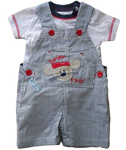 3-6 months - Baby Boys Gorgeous Blue and White Striped French Mouse Short-legged Dungarees & T-shirt Outfit