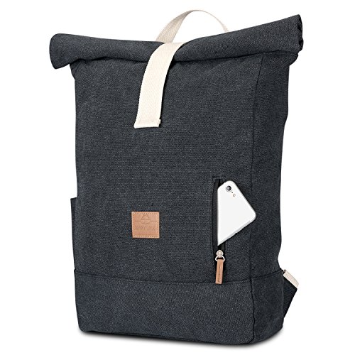 Johnny Urban Rucksack Damen   Herren Schwarz Anthrazit Roll Top Daypack aus Baumwoll Canvas - L  ssiger Vintage Tagesrucksack f  r den Alltag - Wasser