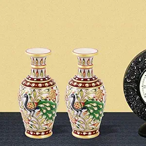 Handicrafts Paradise Peacock Painted Marble Flower Pot (7.65 cm x 7.65 cm x 15.3 cm, Set of 2)