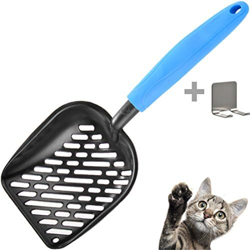 Cat Litter Shovel, Heavy Duty Kitty Litter Scooper, Tonyhoney Cat Litter Scoop Box Cleaner Shovel with Teflon Coating, Easy to Clean, Long Handle + Sticky Hook, Aluminium Alloy, 13.78" x 5.51" x 1.77", Blue