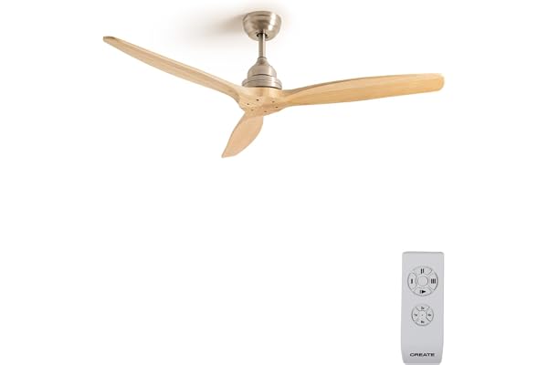 CREATE / WINDWOOD/Ventilateur de plafond niquel pales en bois naturel / 75W, silencieux, Ø132 cm, 3 vitesses, minuterie 1 à 4 heures, moteur AC, hauteur réglable