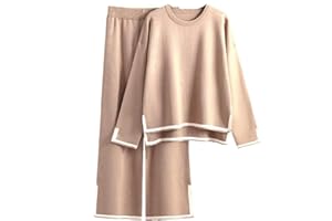 DONYKARRY 2 Pieces Jogginganzug Damen Set Langarm Lounge Sets Strickpullover Top Weites Bein Elastische Taille Hose Anzug