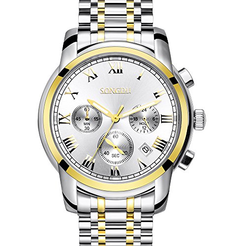 SONGDU Herren Vergoldet Armbanduhr Quarz Unisex mit Edelstahl band, Chronograph Analoge Kalender Datum Anzeige Leuchtend Silber Zifferblatt SONGDU Herren Vergoldet Armbanduhr Quarz Unisex mit Edelstahl band, Chronograph Analoge Kalender Datum Anzeige Leuchtend Silber Zifferblatt