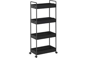 SOLEJAZZ 4-Tier Storage Trolley Cart Slide-out Rolling Utility Cart Mobile Storage Shelving Organizer for Kitchen, Bathroom, Laundry Room, Bedroom, Narrow Places, Plastic, Black