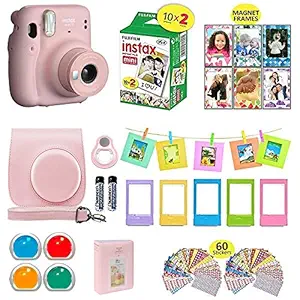 Fujifilm Instax Mini 11 Instant Camera Blush Pink + Shutter Compatible Carrying Case + Fuji Film Value Pack (20 Sheets) + Shutter Accessories Bundle, Color Filters, Photo Album, Assorted Frames