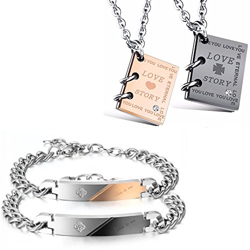 Kim Johanson - Conjunto de pulsera y cadena para parejas «Romance», color oro rosado y negro, con circonita cúbica y bolsa para joyas