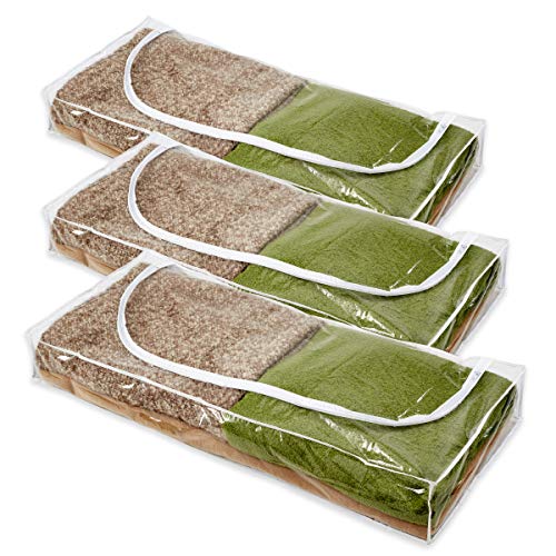 3 bolsas de almacenamiento transparentes con borde blanco, 109 x 46 x 15 cm, perfecto para ropa fuera de temporada, para ropa de cama y vestimenta, tela, Blanco, 3 unidades