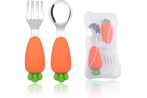IUDWCG 2 Pcs Ensemble De Cuillères à Fourchette Pour Bébé,Fourchette Et Cuillère Enfant Prise Facile Acier Inoxydable Pour Tout-petit Stensiles D'apprentissage Parfaits - Carottes