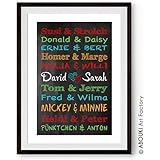 ABOUKI Traumpaar Nr. 7 (Bunt) Schultafelstyle - Berühmte Paare, personalisierter Kunstdruck - ungerahmt - Fine-Art-Print, Typografie, Poster, Bild, Druck als Geschenk-Idee zum Geburtstag, Valentinstag, Jahrestag, Hochzeit, Heirat, Verlobung, Ehe, Gastgeschenk