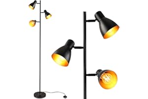 BAKAJI Lampada Piantana da Terra Design Moderno Industriale Struttura in Metallo 3 Luci Lampadina E27 25 W con Paralumi Girevoli e Regolabili Base Rotonda Altezza 166cm Arredamento Casa (Nero Oro)