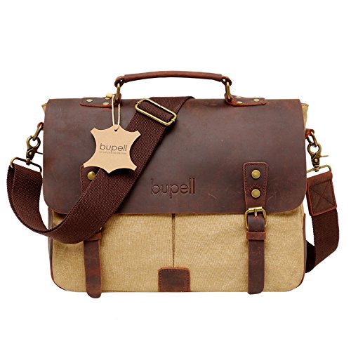 bupell Umhängetasche für Laptop und Akten aus echtem Büffel-Leder und Canvas - Für Notebooks bis 14" - Unisex Vintage Messenger Bag, Aktentasche, Schultertasche, Notebooktasche -