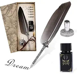 HASTHIP Handmade Feather Pen Calligraphy Pens Set, Quill Pen Writing Ink Set Stationery Gift Box with 5 Replacement Nib, Ink,Pen Nib Base - Birthday Christmas Gifts for Women Girls