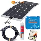 Incluye panel solar flexible (ETFE) 100W, Regulador MPPT Victron 75/10, Cable con conectores, Pasacables estanco, Masilla adhesiva high class y Guía de montaje.