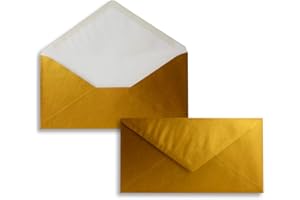 FARBENFROH BY GUSTAV NEUSER 100 Brief-Umschläge Gold Metallic DIN Lang - 110 x 220 mm (11 x 22 cm) - Nassklebung ohne Fenster - Ideal für Einladungs-Karten - Serie FarbenFroh