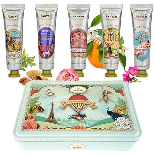 Coffret Cadeau Femme 5 Crèmes Mains Hydratantes au Beurre de Karité, Aloe Vera par Un Air d'Antan®/ 5 Parfums : Verveine, Rose, Fleur de Cerisier, Amande, Muguet/Boite Souvenir/Idee Cadeau Femme