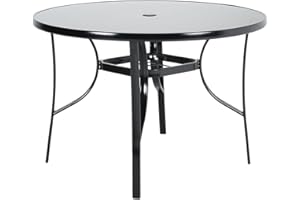 The Fellie Garden Table Outdoor Dining Table with Parasol Hole Tempered Glass Top Coffee Table Patio Table (Round-105 x 105 x 70.5cm)