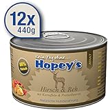 Hopey's hypoallergenes Hundefutter Hirsch und Reh für Hunde, 86% reines Muskelfleisch, 12x 440g Dosen